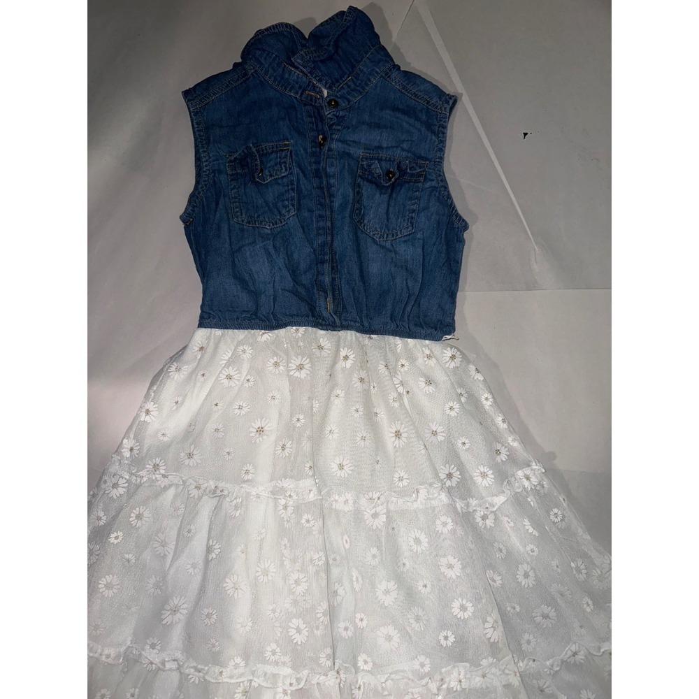Knit Works Girls Denim Tulle Daisy Dress Blue White Tiered Size 10